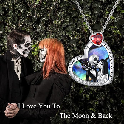LILALO Christmas Gifts Nightmare Necklace Sterling Silver Abalone Shell Crystal Jack and Sally Necklace Jack Skellington Skull Jewelry Skull Necklaces for Women
