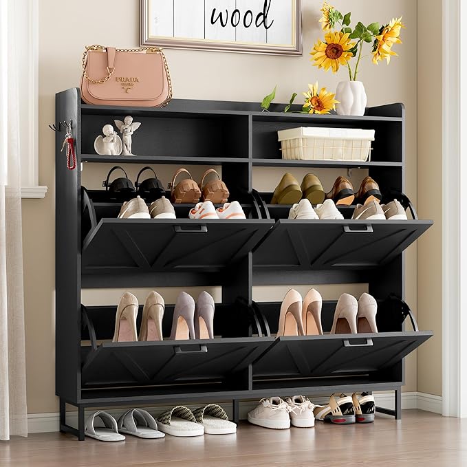Shoe Cabinet with 4 Flip Drawers Narrow Shoe Storage Cabinet Organizer Wooden Freestanding Shoe Rack Hidden Slim Shoes Storage Cabinet for Entryway, Hallway, Living Room, Bedroom
