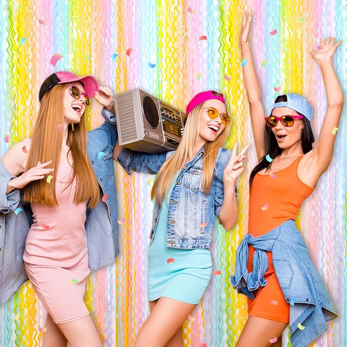 4 Pack Rainbow A Fringe Curtain Backdrop 3.2Ft x 8.2Ft Metallic Tinsel Foil Fringe Streamers Background for Photo Booth Mother's Day, Easter, Carnival, Birthday, Wedding Party Decoration
