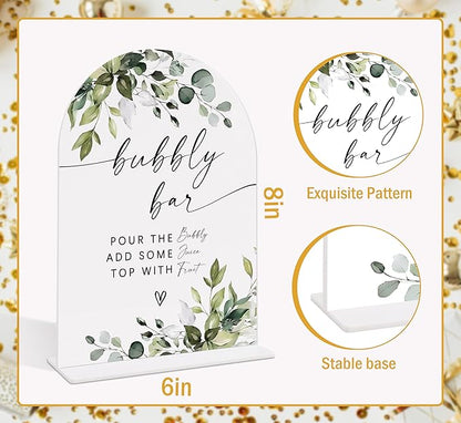 Wedding Signs for Reception, Green Leaves Bubbly Bar Sign, Wedding Reception Signage, Bridal Shower Table Decorations with Base, Supplies for Proposal, Bridal Shower Events and Ceremony, 04
