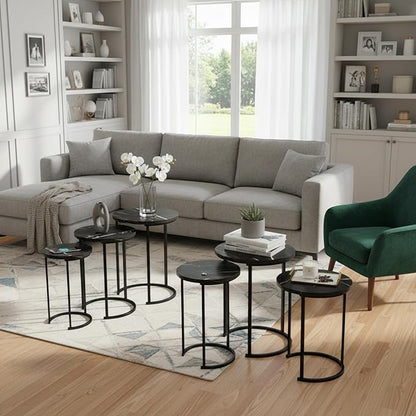 Lavish Home 6-Piece Nesting Table Set – Round Faux Marble Side & End Tables – Modern Space-Saving Accent Furniture for Living Room, Bedroom, Apartment, or Home Office (Black)