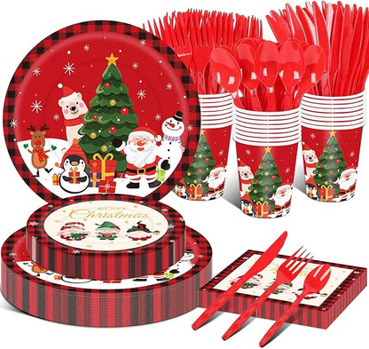 175PCS Large Christmas Paper Plates and Napkins Serves 25, Red Disposable Dinnerware Set, Christmas Party Supplies Decoration, Holiday Party Plates Total