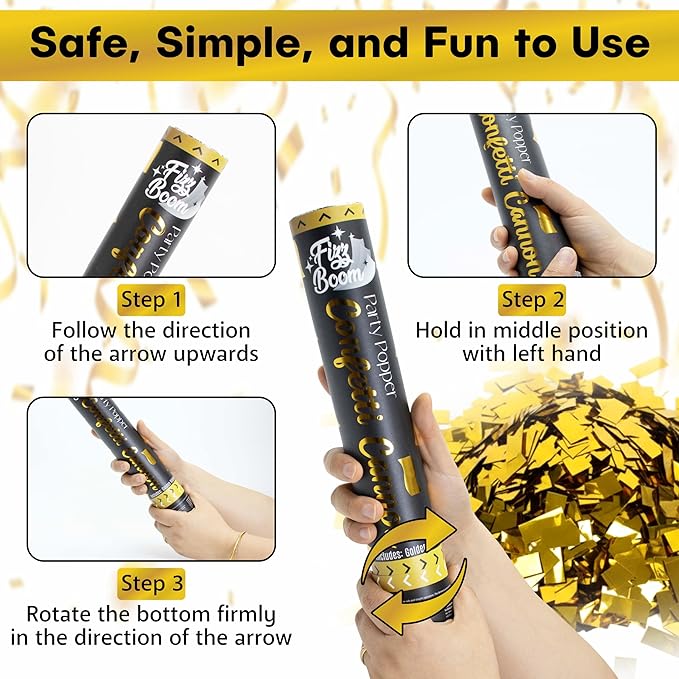 2 Pack 12 Inch Golden Mylar Confetti Poppers Set for Anniversary, Wedding, Graduation, New Year, Birthday Party Celebrations | Releases 15 ft in the Air