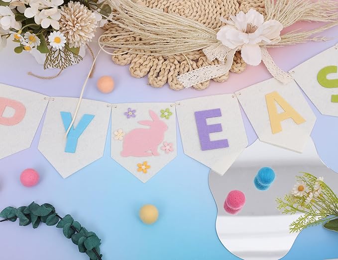 Felt Happy Easter Banner - Pastel Happy Easter Garland, Easter Bunny Bunting, Easter Decoration for Mantel, Wall