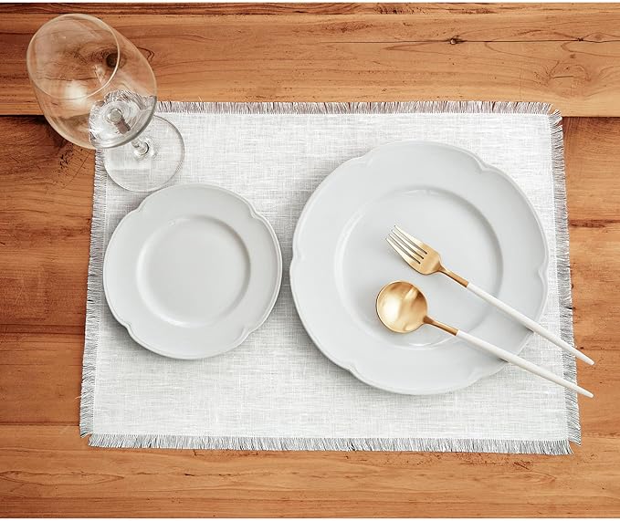 Solino Home Fringe Linen Placemats Set of 4 - White Placemats 14 x 19 Inch - 100% Pure Linen Table Mats for Fall, Autumn, Winter, Christmas, Holiday, New Year
