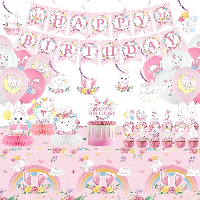 Pink Bunny Birthday Party Decorations for Gilrs - Rabbit Party Supplies including Happy Birthday Banner, Spirals, Cake Toppers, Table Centerpieces, Balloons (LQ)