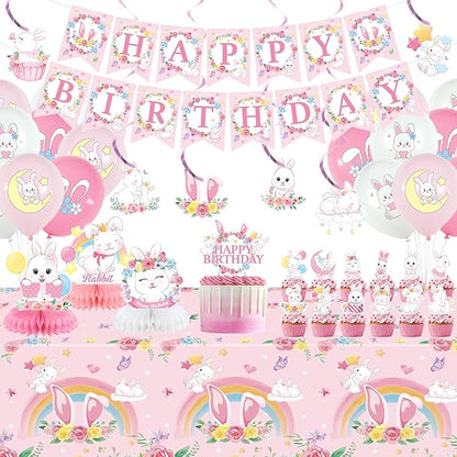 Pink Bunny Birthday Party Decorations for Gilrs - Rabbit Party Supplies including Happy Birthday Banner, Spirals, Cake Toppers, Table Centerpieces, Balloons (LQ)