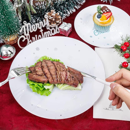 Nervure 175PCS Christmas Plastic Plates - White and Silver Disposable Plates & Silver Plastic Silverware with White Handle include 50 Plates 25Knives 25Forks 25Spoons 25Napkins for Christmas Party