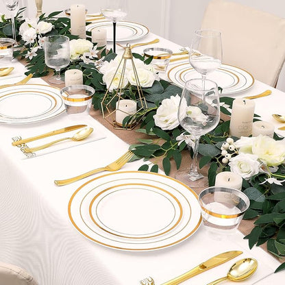 350-Piece Gold Rim Plastic Dinnerware Set for 50 Guests, Elegant Disposable Dinnerware for Party, Wedding. Includes Dinner Plates, Dessert Plates, Gold Silverware, Napkins, Cups