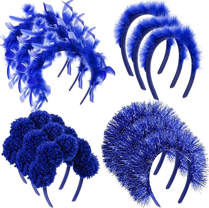 12 Pcs Christmas Fuzzy Pom Pom Headbands Fluffy Yarn Feather Tinsel Spirit Party Headwear for Birthday Festival