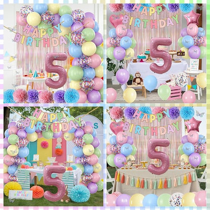 Pastel 5th Birthday Party Decorations for Girls Number 5 Balloon Happy Birthday Banner Butterfly Stickers Fringe Curtain Paper Pom Poms Macaron Pink Star Heart Foil Colorful Balloons 5 Year Old Decor