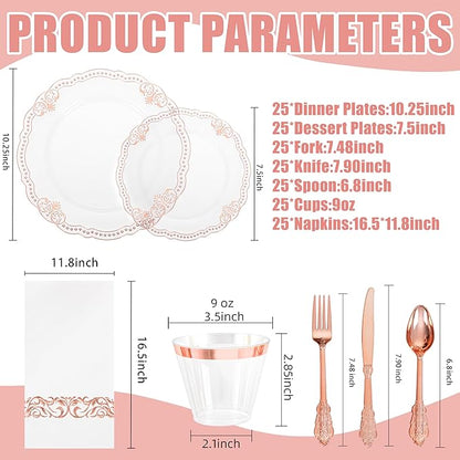 Ciaell 175 PCS Rose and Gold Plastic Plates - Fancy Rose Gold Disposable Dinnerware Set with of 50 Plates, 25 Knives, 25 Forks, 25 Spoons, 25 Cups, 25 Napkins for Wedding & Party