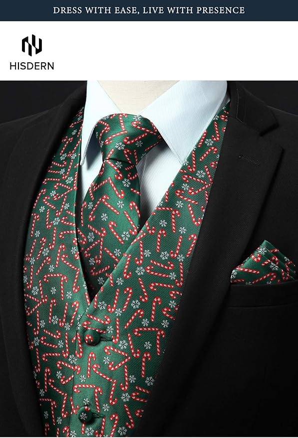 HISDERN Men's Suit Vest Christmas Holiday Season Party Jacquard Waistcoats Necktie Pocket Square Vest Suit Set