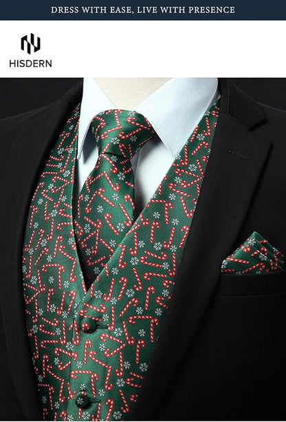 HISDERN Men's Suit Vest Christmas Holiday Season Party Jacquard Waistcoats Necktie Pocket Square Vest Suit Set