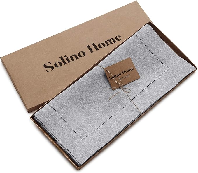 Solino Home Linen Soft Grey Table Runner 120 Inches Long - 100% Pure Linen Hemstitch 14 x 120 Inch Table Runner for Dining, Fall, Autumn, Christmas, New Year - Classic Hemstitch