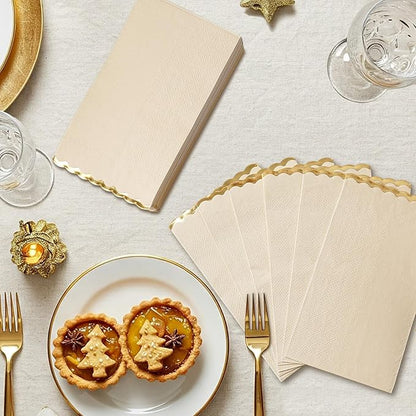 50 Beige Paper Napkins Decorative, Gold Foil Scalloped Edged Guest Napkins Disposable, Dinner Napkins for Wedding, Shower Baby, Birthday Parties Supplies(4 x 8 In, Beige)