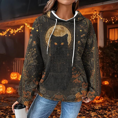 Halloween Sweatshirts for Women Novelty Graphic Drawstring Waffle Hoodies Loose Casual Pullover Tops with Pocket