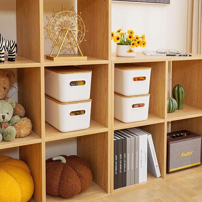 Citylife Storage Bins with Bamboo Lids 6QT Plastic Storage Containers Stackable Organizer Boxes with Handle for Desk Snacks, Toys, 2 PCS, 10"L x 7"W x 6.18"H
