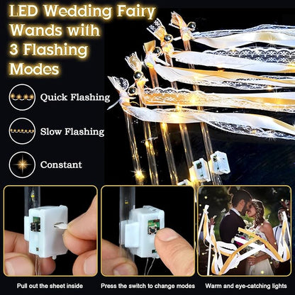 60PCS Light Up Wands,Wedding Wands Ribbon Streamers with 3 Colorful Flashing Modes,LED Silk Fairy Wands with Bells for Wedding Party Favors,Easter,July 4th,Birthday Decor(Champagne)