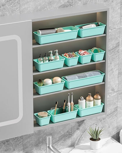 13 Pack Plastic Drawer Organizers Set, 3 Sizes Desk Drawer Organizer Trays for Vanity and Makeup Organizer, Organization and Storage for Makeup, Kitchen Utensils, Bathroom and Office(Blue)