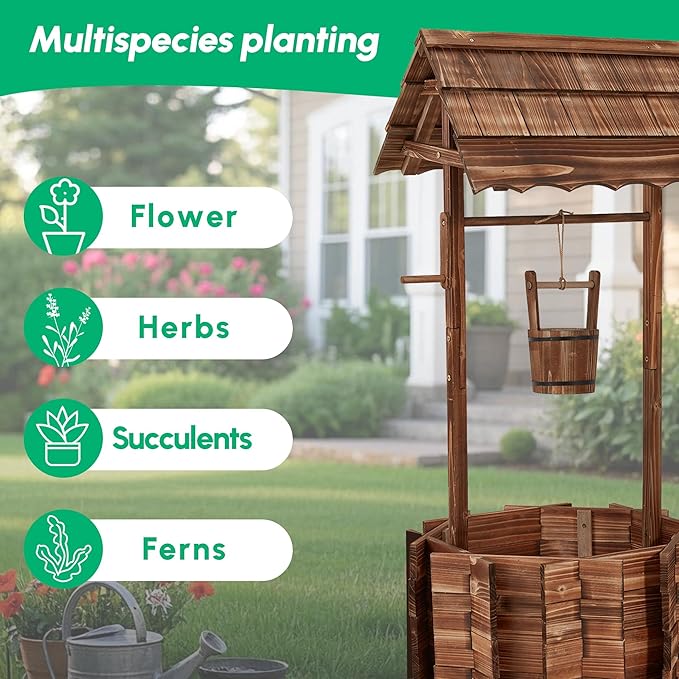 Bezseller Wishing Wells for Outdoors, Wooden Wishing Well Planter for Outdoor Yard, Large Rustic Outdoor Flower Planters with 4 Reinforced Rod & Hanging Bucket for Garden Home Decor(45 inch Tall)
