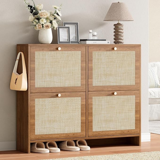 Nicetree Shoe Cabinet Storage for Entryway, 4-Flip Drawer Narrow Shoe Rack, Organic Modern Rattan Shoe Organizer with Gold Legs, Shoe Organizer Fits Men's Size 13.5, Toasted Caramel Walnut