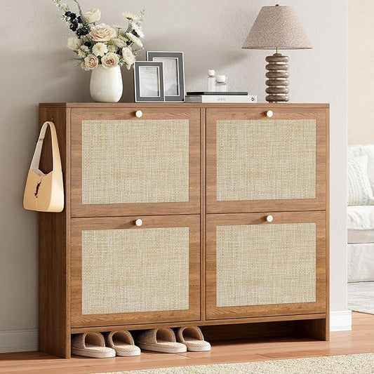 Nicetree Shoe Cabinet Storage for Entryway, 4-Flip Drawer Narrow Shoe Rack, Organic Modern Rattan Shoe Organizer with Gold Legs, Shoe Organizer Fits Men's Size 13.5, Toasted Caramel Walnut