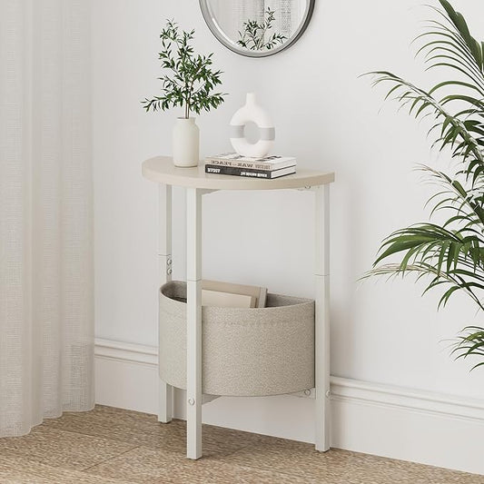 Vagusicc Small Round Side Table End Table, Tall Accent Table with Storage Basket, Set of 2 Half Round Tables Half Moon Tables, Coffee Bedside Tables, Modern Nightstand for Living Room Bedroom, Cream