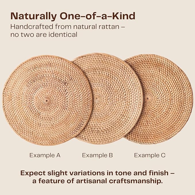 4-Pack Rattan Placemats - 13-inch Round Placemats (Natural Rattan Color) - Woven Place Mats, Round Table Mats - Wicker Chargers for Dinner Plates, Plate Chargers Boho - Kitchen Table Decor