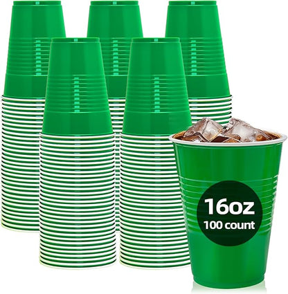 100 Pack Green Plastic Cups, 16 oz Green Disposable Cups, Plastic Party Cups Heavy Duty for Party Wedding Halloween Thansgiving Christmas Picnic