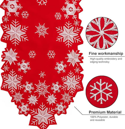 Joyfol Day Christmas Red Table Runner 14 x 33 Inch, Cutwork Embroidered White Snowflake Table Runners, for Xmas Holiday Winter Festival Kitchen Dining Tabletop Decoration