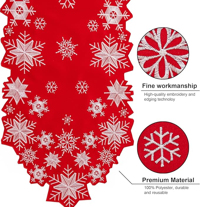 Joyfol Day Christmas Red Table Runner 14 x 86 Inch, Cutwork Embroidered White Snowflake Table Runners, for Xmas Holiday Winter Festival Kitchen Dining Tabletop Decoration