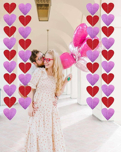 6 Pack Pre-Strung Glitter Heart Galand Banners,Valentines Day Red Pink Heart Hanging String Garland - Valentines Day Decor,Valentines Day Decorations for Valentines Day Wedding Engagement Decorations