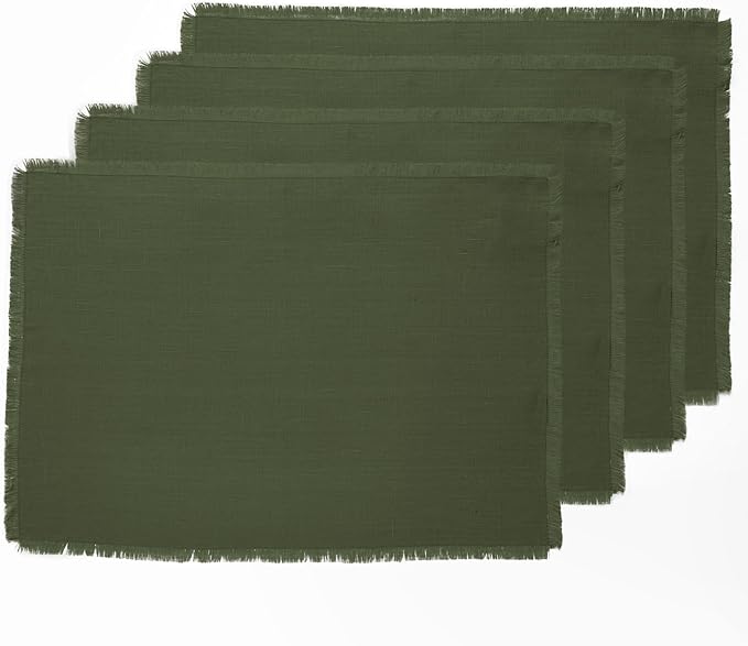 Solino Home Linen Fringe Cloth Placemats Set of 4-100% Pure Linen Desert Green Placemats 14 x 19 Inch for Fall, Autumn, Christmas, Winter, New Year