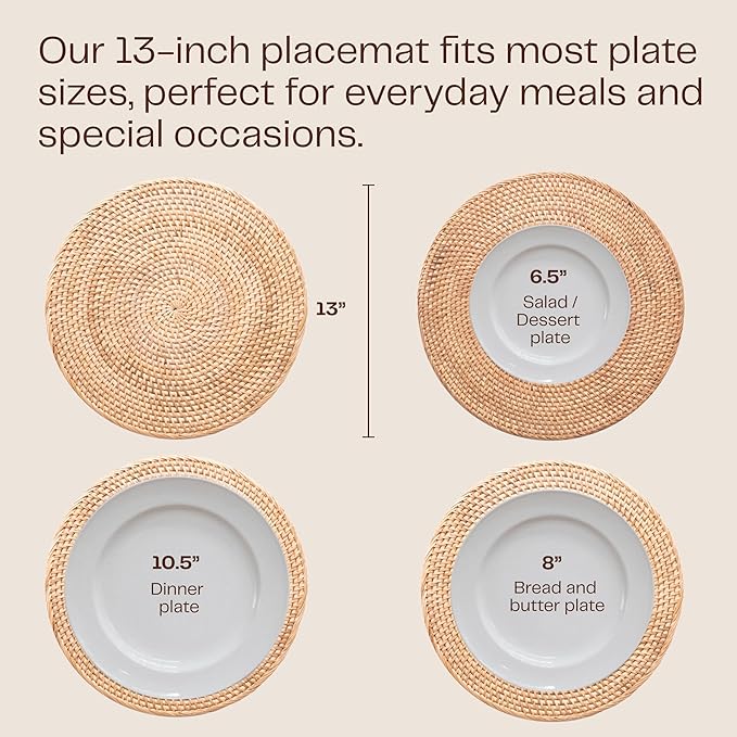 6-Pack Rattan Placemats - 13-inch Round Placemats (Natural Rattan Color) - Woven Place Mats, Round Table Mats - Wicker Chargers for Dinner Plates, Plate Chargers Boho - Kitchen Table Decor