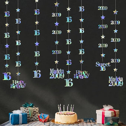 12PCS Iridescent 16th Birthday Decorations Number 16 and 2009 Star Garland Hanging Streamer Banner Backdrop for Girls Boys Cheers to 16 Years Birthday Made in 2009 Sweet Sixteen Party Decor Supplies