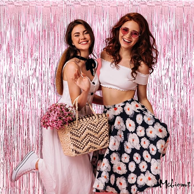 4 Pack Pink Fringe Curtain Backdrop, 3.2Ft x 8.2Ft Metallic Tinsel Foil Fringe Streamers Background for Photo Booth Birthday Wedding Baby Shower Carnival Easter Mother’s Day Party Decorations