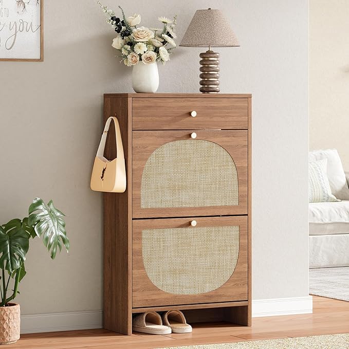 Nicetree Shoe Cabinet for Entryway, Slim Shoe Rack with 2 Flip Drawers and Top Storage Drawer, Narrow Shoe Organizer with Arched Rattan Accent, Entryway Shoe Storage for Size 12 Shoes, Caramel