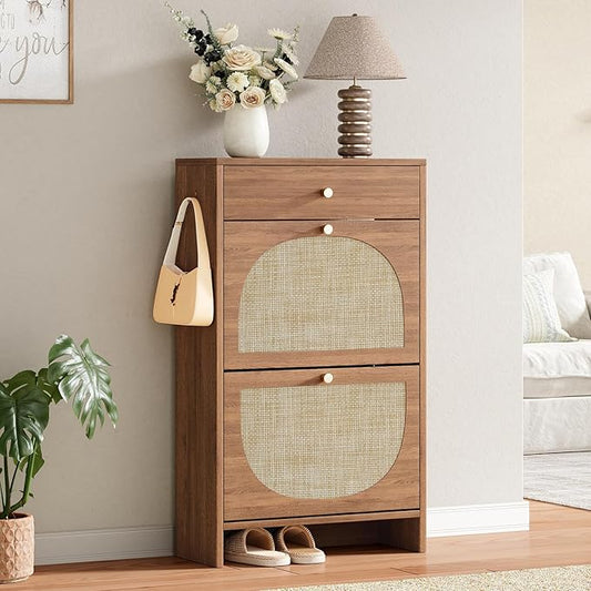 Nicetree Shoe Cabinet for Entryway, Slim Shoe Rack with 2 Flip Drawers and Top Storage Drawer, Narrow Shoe Organizer with Arched Rattan Accent, Entryway Shoe Storage for Size 12 Shoes, Caramel