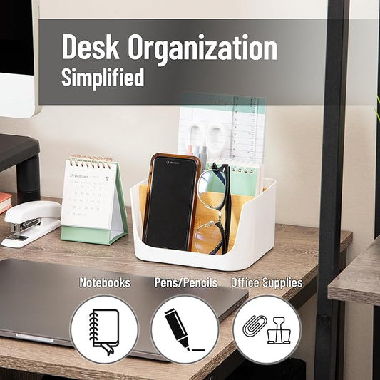 Mind Reader 5-Compartment Desktop Organizer, Adjustable Caddy, Plastic and Wood, White