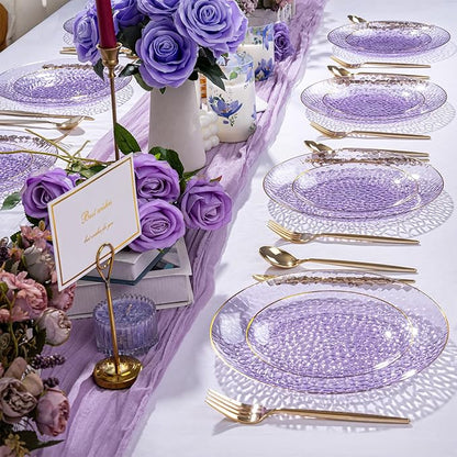 Rubtlamp 100Pcs Purple Gold Plastic Plates, Purple Disposable Plates With Gold Rim, Hammered Plastic plates Include 50 Clear Dessert Platos, 50 Dinner Platos for Party