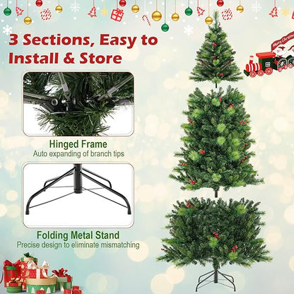 GOFLAME 8FT Pre-Lit Christmas Tree, Hinged Artificial Xmas Tree with Pine Needles, 1272 Branch Tips, 43 Clusters of Red Berries, 500 LED Lights, 9 Lighting Modes, 4 Brightness, Remote Control & Timer