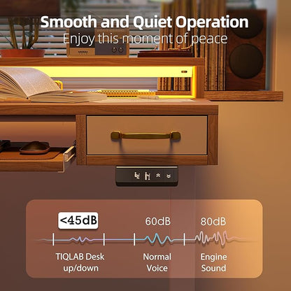 TIQLAB Standing Desk with Two Drawers, Stand Up Standing Desk Adjustable Height, Electric Sit Stand Table with Storage Shelf and Splice Board, with LED Light, 47 * 28 inch, Light Walnut