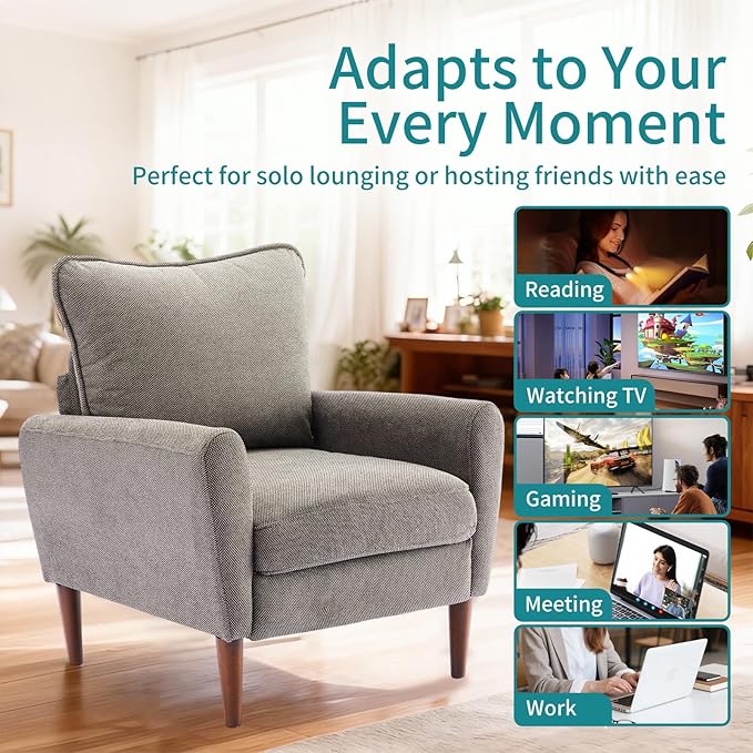 OLIXIS Comfy Accent Chair for Living Room Bedroom and Waiting Room, Upholstered Mid-Century Reading Chair with Pillow and Solid Wood Legs, Wide Singe Modern Lounge Sofa (Gray, 2 Pack)