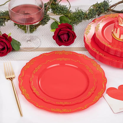 U-QE 100PCS Red Plastic Plates - Heavy Duty Red Disposable Plates Disposable with Gold Rim - Include 50PCS 10inch Dinner Plates and 50PCS 7.5inch Dessert/Salad Plates for Party