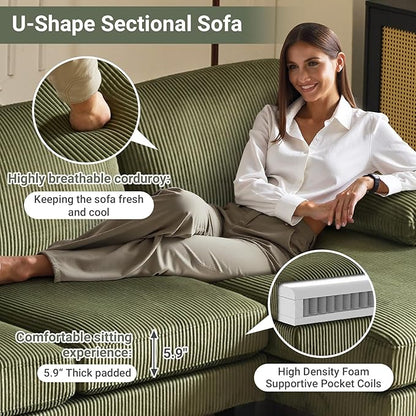 VINGLI 110" Sectional Couches for Living Room,U Shaped Couch with Double Chaise, 4-Seat Sofa Set with Corduroy Fabric for Home Furniture,Green