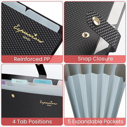 Sooez Expanding File Folder, Letter Size Accordion File Organizer, 5 Pocket Folders for Documents, Cute Folder with Labels, Portable Paper Organizer for School Office Supplies, A4 Size, Purple