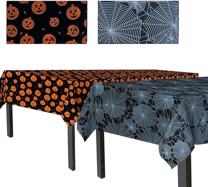 Halloween Tablecloth, 2-Pack Disposable Table Cloths, Pumpkins and Spider Web Plastic Covers, 54 x 108 Inches, Party Decorations