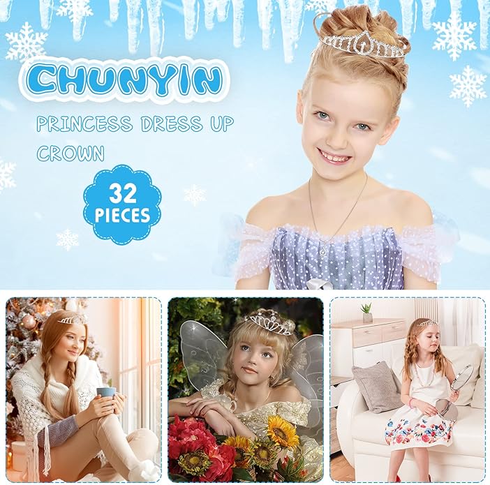 Chunyin 32 Pack Princess Crystal Tiara Crown Rhinestone Queen Silver Metal Tiara Crown Headbands for Christmas Women Gift Kids Birthday Wedding Costume Prom Bridal