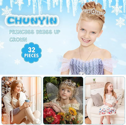 Chunyin 32 Pack Princess Crystal Tiara Crown Rhinestone Queen Silver Metal Tiara Crown Headbands for Christmas Women Gift Kids Birthday Wedding Costume Prom Bridal